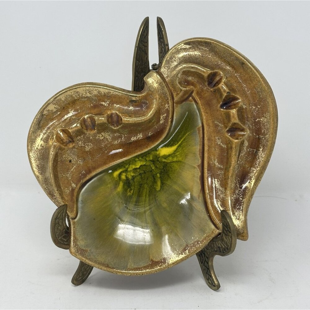 Vtg CALIFORNIA ORIGINALS LEAF ASHTRAY #55 Golden Avocado Ceramic Art Pottery MCM